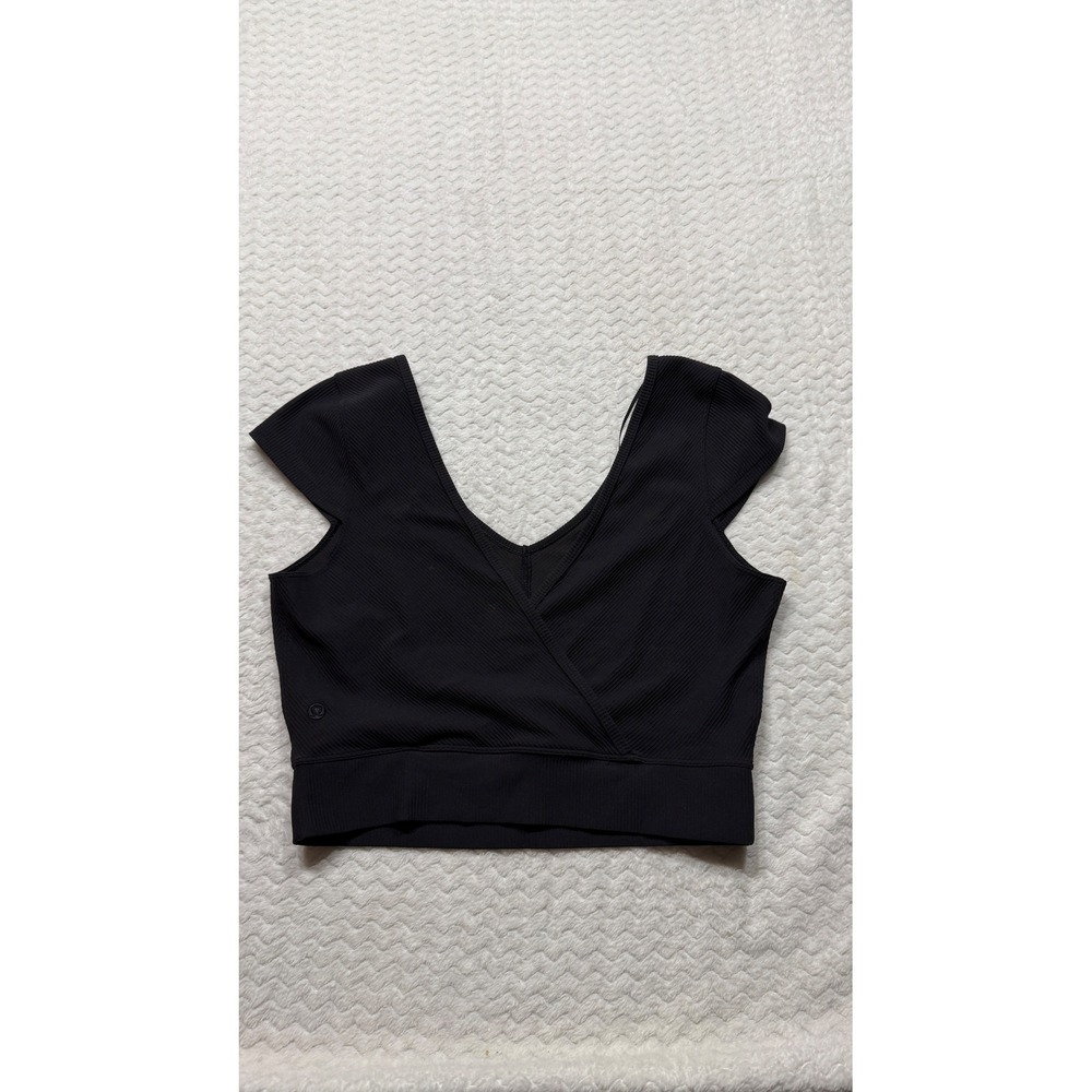 Lululemon Ribbed Wrap Front V-Neck Crop Top Black Size 10 Flutter Sleeve